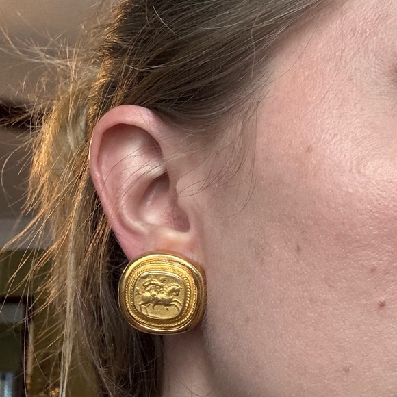 Vintage Gold Clip-On Earrings Horse Rider Relief | Greek Revival Style - Picture 7 of 7